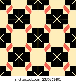 Captivating black and white pattern incorporates bold red circles, reminiscent of peppermint candies, forming a repeating fabric pattern with rotational symmetry.