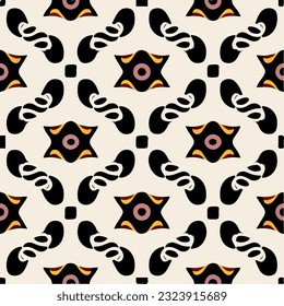 Captivating black and white pattern showcases fusion of diverse shapes, evoking the essence of art deco. It draws inspiration from shipibo pattern and art nouveau floor designs, resulting.