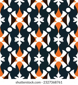 Captivating black and white pattern with vibrant orange accents. It showcases a repeating fabric pattern with an art deco influence, resulting in an abstract and visually engaging design.