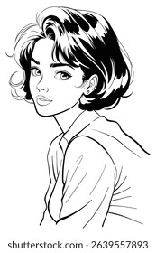 A captivating black and white portrait beautiful woman with short, dark hair looking back over her shoulder. This elegant illustration ideas for beauty, fashion, and character design