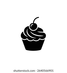 Captivating black and white silhouette of a cupcake with swirls of frosting and a single cherry on top. Vector graphic style dessert with an iconic sweet treat.