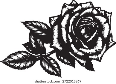 Cautivadora representación estilizada en blanco y negro de una sola rosa, destacando su forma única y elegantes características botánicas.
