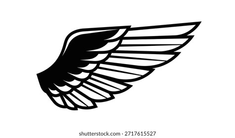 Uma cativante ilustração de vetor preto e branco mostrando uma asa de pássaro estilizada. Perfeita para design gráfico, logotipos e projetos artísticos, essa imagem transmite liberdade, voo e elegância. O