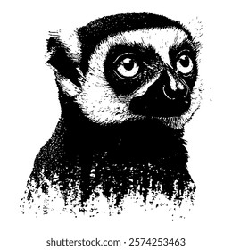 captivating black and white vector portrait of a lemur, featuring its large expressive eyes and fine textures for a charming and detailed wildlife design.