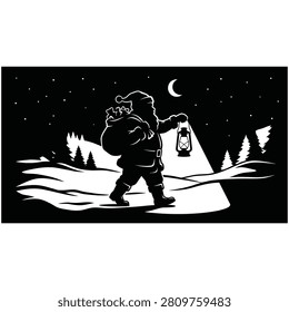 A captivating black and white winter scene showing Santa Claus walking through a snowy forest at night holding a glowing lantern and carrying a heavy sack full of holiday gifts