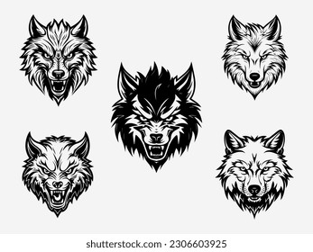 A captivating black and white wolf head illustration set, exuding strength and wisdom through its meticulously rendered features