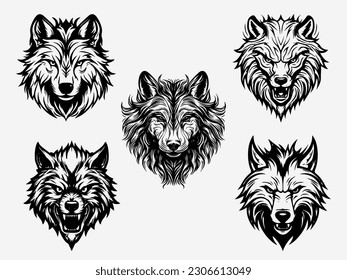 A captivating black and white wolf head illustration set, exuding strength and wisdom through its meticulously rendered features