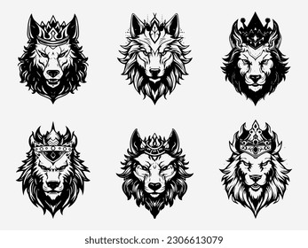 Un cautivador conjunto de ilustraciones de la cabeza de lobo blanco y negro, exuberante fuerza y sabiduría a través de sus meticulosos rasgos.