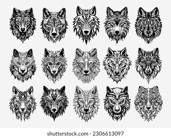 A captivating black and white wolf head illustration set, exuding strength and wisdom through its meticulously rendered features