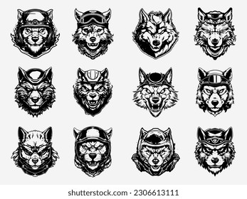 A captivating black and white wolf head illustration set, exuding strength and wisdom through its meticulously rendered features