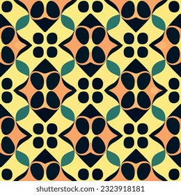 Captivating black and yellow pattern consists of circles arranged in an abstract manner. visually striking design repeats seamlessly, making it suitable for fabric pattern or other.