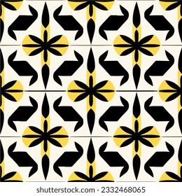 Captivating black and yellow pattern on a white background, exuding an art deco vibe. Its intricate design resembles patterned tilework and showcases a seamless pattern with a visually appealing.