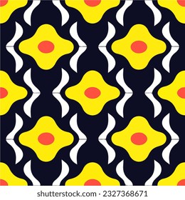 Captivating black and yellow pattern showcasing striking red circles, reminiscent of a dark and enchanting flower motif. Its seamless symmetry and aizome inspired design evoke a sense of beauty.