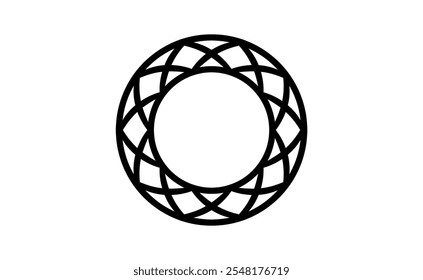 Um design circular preto-e-branco cativante com um intrincado padrão geométrico entrelaçado. O layout simétrico cria uma sensação de harmonia e equilíbrio, ideal para uso em arte, logotipos ou decoração.