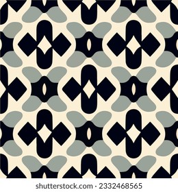 With a captivating blend of black and white, this abstract art deco pattern graces a white background, creating an alluring and repetitive fabric design.