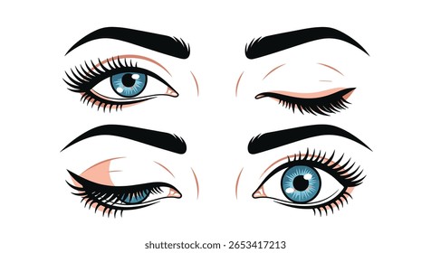 Cativantes olhos azuis com cílios dramáticos que expressam uma gama de emoções e piscadas