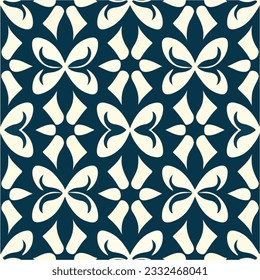 Captivating blue and white pattern with an abstract twist, showcasing a dark floral motif, artfully repeating across fabric in an art deco style.