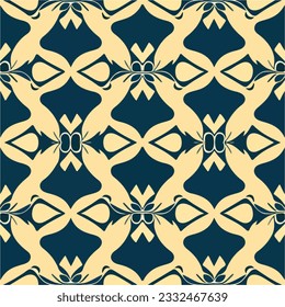 Captivating blue and yellow background displays a seamless pattern with a stylish art deco design. The symmetrical motifs create a repeating fabric pattern that exudes elegance.