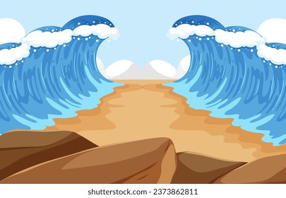 A captivating cartoon illustration depicting the awe-inspiring moment when Moses parted the sea