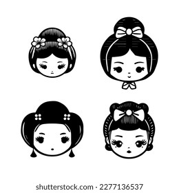 Captivating and charming Hand drawn kawaii collection set featuring cute anime Japanese geisha heads, showcasing traditional elegance and grace