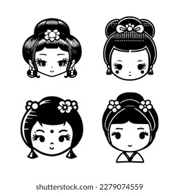Captivating and charming Hand drawn kawaii collection set featuring cute anime Japanese geisha heads, showcasing traditional elegance and grace