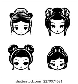 Captivating and charming Hand drawn kawaii collection set featuring cute anime Japanese geisha heads, showcasing traditional elegance and grace