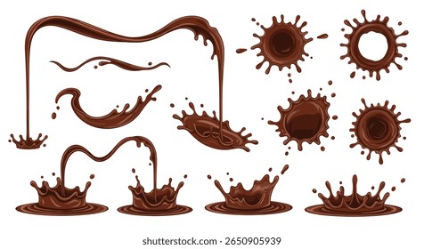 Captivating chocolate splash and drip illustrations with dynamic swirls and splatter effects