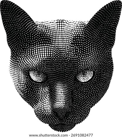 A captivating close-up of a black cat's face rendered entirely through a meticulous arrangement of dots and lines. 