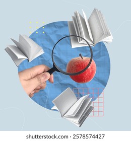 A captivating collage design featuring an apple and open books viewed through a magnifying glass, symbolizing curiosity and education in a creative format.