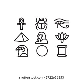 Eine fesselnde Sammlung von alten ägyptischen Linien Kunst Ikonen einschließlich ankh scarab Auge der Horus Pyramide Sphinx Lotus Horus Sonnenscheibe und Papyrus Scroll