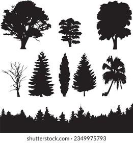 A captivating collection of black vector trees with diverse designs.