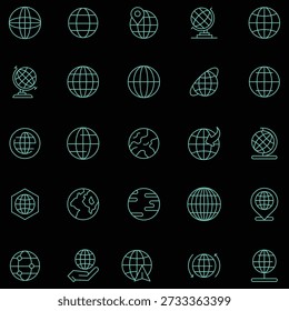 Uma coleção cativante de ícones de contorno de globo verde neon e mapa do mundo para conceitos globais