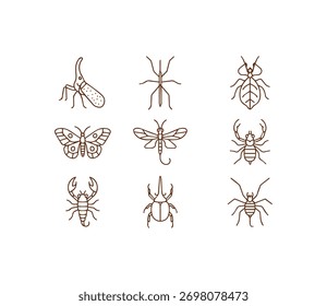 A captivating collection of nine unique insect and arachnid line art illustrations including beetles scorpions moths and spiders ideal for educational designs