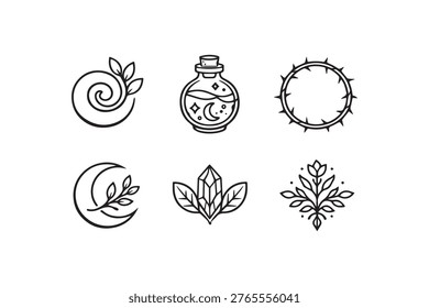 A captivating collection of six line art icons representing mystical elements nature magic alchemy and celestial themes perfect for spiritual branding.