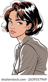 A captivating color cartoon portrait beautiful woman with short, dark hair looking back over her shoulder. This elegant illustration ideas for beauty, fashion, and character design