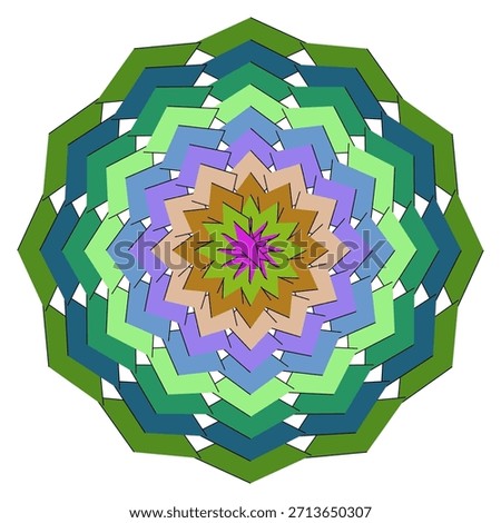 A captivating, colorful kaleidoscope design with precisely arranged geometric shapes and layered patterns.