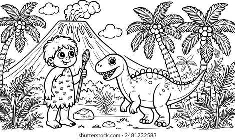 A captivating coloring book illustration featuring a friendly human interacting with a majestic dinosaur in a prehistoric landscape. Perfect for children's coloring activities and educational fun