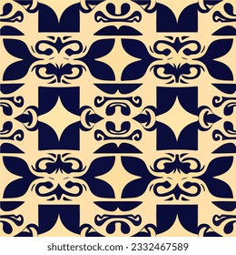 Captivating combination of black and white motifs against a vibrant yellow background. The seamless design, reminiscent of art nouveau, creates a repeating fabric pattern.