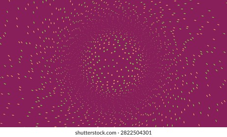 A captivating and complex illustration showing a dense field of small diamond shapes swirling across a deep purple background. The mix of green and orange diamonds creates a dynamic and textured visual effect.