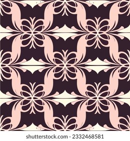 Captivating damask pattern in pink and black adorns a white background, featuring dark floral motifs that repeat in an elegant fabric design.