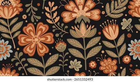 A captivating dark floral pattern with rustic earthy tones and folk art inspirations
