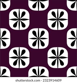 Captivating dark flower pattern, reminiscent of peppermint motifs, contrasts beautifully against purple backdrop, creating an eye catching repeating fabric design.