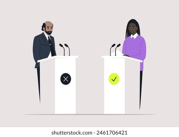 Captivating Debate Session Between Two Competing Ideologies, Two individuals engage in a spirited debate, standing at podiums marked with contrasting symbols