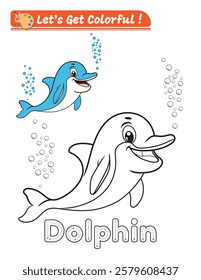 a captivating design featuring a delightful dolphin ready to be brought to life with color. This illustration boasts thick, clear lines that make it easy for children to color within the boundaries.