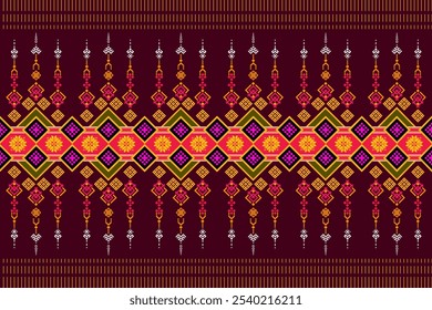A captivating digital artwork featuring a vibrant and intricate geometric pattern. The dominant motif is a repeating diamond shape adorned with ornate details, set against a deep black background. The