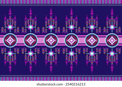 A captivating digital artwork featuring a vibrant and intricate geometric pattern. The dominant motif is a repeating diamond shape adorned with ornate details, set against a deep black background. The
