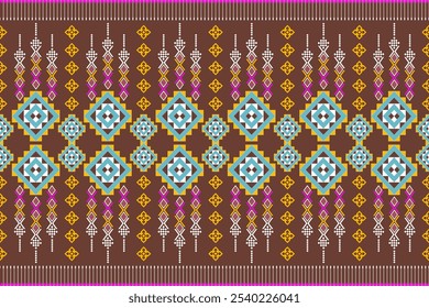 A captivating digital artwork showcasing a traditional Thai silk pattern. The design features intricate geometric patterns and floral motifs in warm tones 