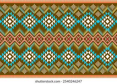 Una cautivadora obra de arte digital que muestra un patrón textil tradicional del sudeste asiático. El diseño presenta intrincados patrones geométricos en colores vibrantes
