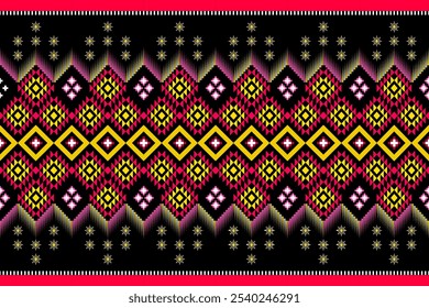 Una cautivadora obra de arte digital que muestra un patrón textil tradicional del sudeste asiático. El diseño presenta intrincados patrones geométricos en colores vibrantes
