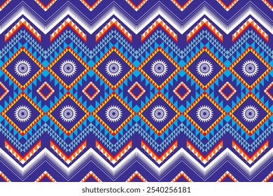 Een boeiend digitaal kunstwerk met een traditioneel Thais zijden patroon. Het ontwerp heeft ingewikkelde geometrische patronen en bloemmotieven in levendige kleuren van blauw, rood, geel en wit, opnieuw ingesteld